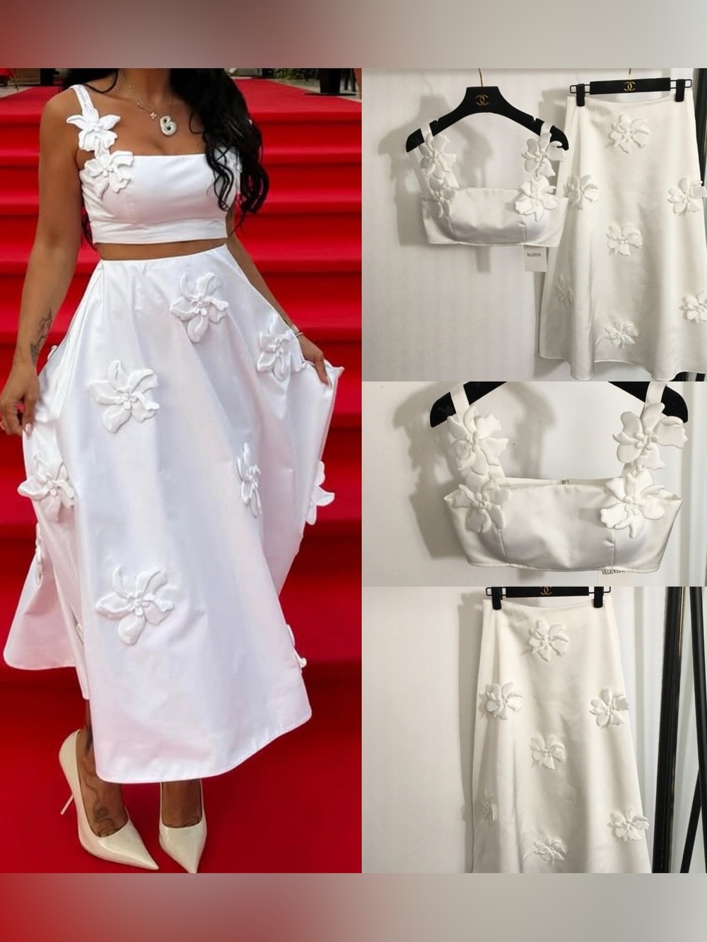 Runway Style 3D Floral Applique 2-Piece Set Crop Top & Midi Skirt White